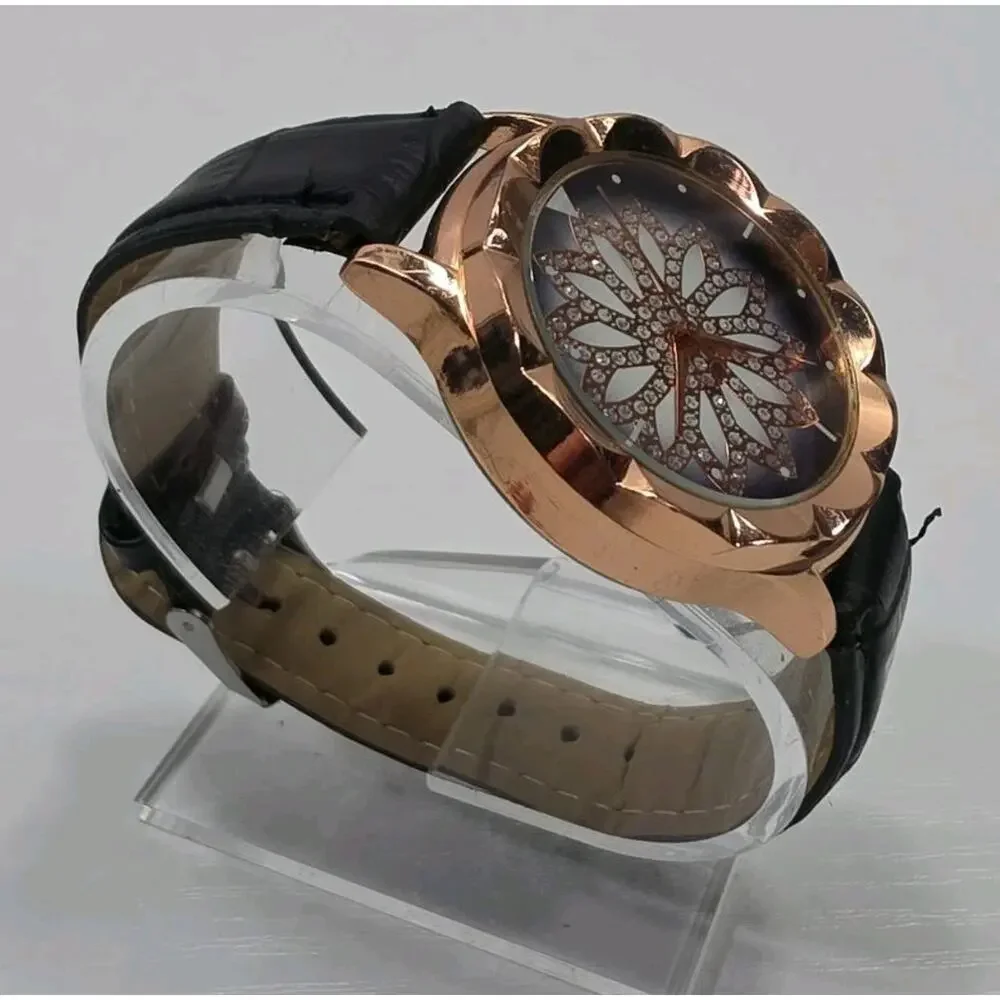 Rose Gold Star Pattern Womens Watch Black Faux Leather Band New Battery W332